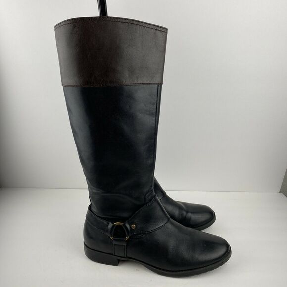 Ralph Lauren Sulita Harness Riding Boots 8 Black Brown Leather Knee High Zip - Picture 2 of 9